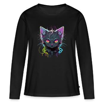 Coole Katze Illustration - Frauen Premium Bio Langarmshirt - Schwarz - Vorne - Julia (174cm)