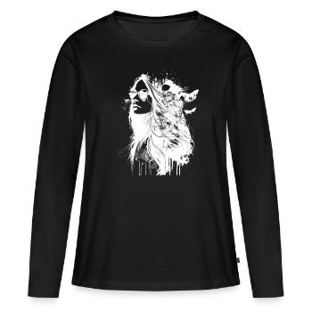 Portrait hippie noir et blanc Femme avec des fleurs - T-shirt manches longues Premium bio Femme - noir - Devant - Julia (174cm)