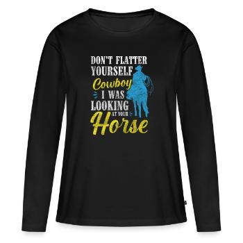 Selle d’équitation de campagne - T-shirt manches longues Premium bio Femme - noir - Devant - Julia (174cm)