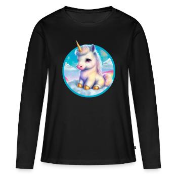 Sitzendes Baby-Einhorn in Wolken - Frauen Premium Bio Langarmshirt - Schwarz - Vorne - Julia (174cm)