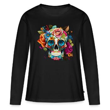 Crâne de crâne de sucre coloré avec bandana de teinture de cravate - T-shirt manches longues Premium bio Femme - noir - Devant - Julia (174cm)