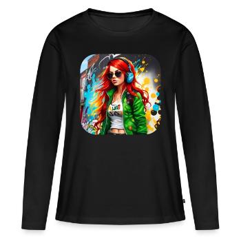 Fille rousse irlandaise cool avec des écouteurs - T-shirt manches longues Premium bio Femme - noir - Devant - Julia (174cm)