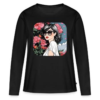 Fille cool avec des lunettes de soleil et des fleurs - T-shirt manches longues Premium bio Femme - noir - Devant - Julia (174cm)
