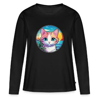 Hantilly Tiffany Chat Aquarelle Dessin animé Kawaii - T-shirt manches longues Premium bio Femme - noir - Devant - Julia (174cm)