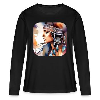 Femme mystique avec des plumes - T-shirt manches longues Premium bio Femme - noir - Devant - Julia (174cm)