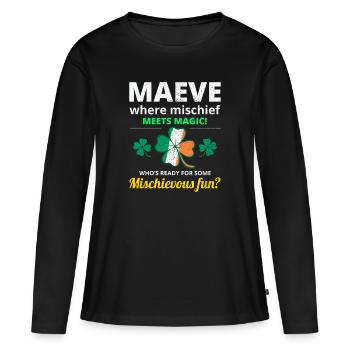Nom de fille irlandaise drôle : Maeve Mischief rencontre la magie - T-shirt manches longues Premium bio Femme - noir - Devant - Julia (174cm)