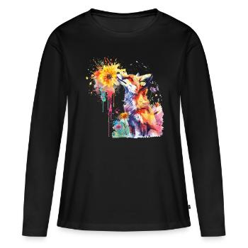 Fuchs mit Aquarellblume, Fuchs - Frauen Premium Bio Langarmshirt - Schwarz - Vorne - Julia (174cm)