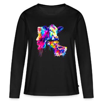 Vache avec veau - T-shirt manches longues Premium bio Femme - noir - Devant - Julia (174cm)