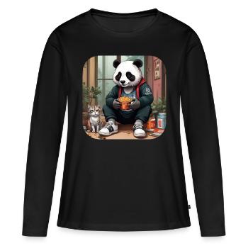 Panda cool avec chat - T-shirt manches longues Premium bio Femme - noir - Devant - Julia (174cm)