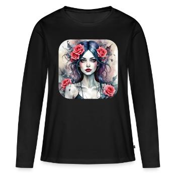 Fille punk gothique cool avec des roses rouges - T-shirt manches longues Premium bio Femme - noir - Devant - Julia (174cm)