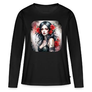 Fille punk gothique cool avec des roses rouges - T-shirt manches longues Premium bio Femme - noir - Devant - Julia (174cm)