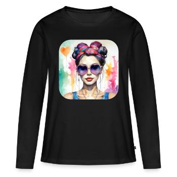 Cooles Girl mit Herzchen Sonnenbrille - Frauen Premium Bio Langarmshirt - Schwarz - Vorne - Julia (174cm)