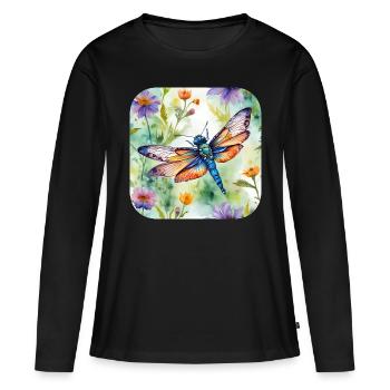 Belle libellule avec des fleurs - T-shirt manches longues Premium bio Femme - noir - Devant - Julia (174cm)