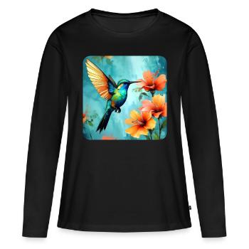 Wunderschöner Kolibri mit Blumen - Frauen Premium Bio Langarmshirt - Schwarz - Vorne - Julia (174cm)