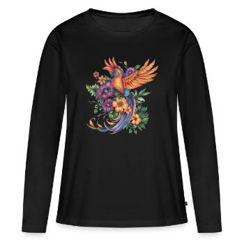 Oiseau de paradis avec des fleurs - T-shirt manches longues Premium bio Femme - noir - Devant - Julia (174cm)