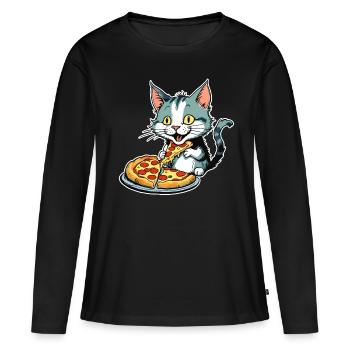 Le chat adore la pizza - T-shirt manches longues Premium bio Femme - noir - Devant - Julia (174cm)