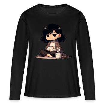 Personnage d’anime confortable avec boisson chaude - T-shirt manches longues Premium bio Femme - noir - Devant - Julia (174cm)
