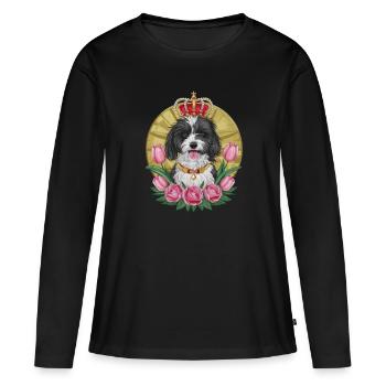 Chien lion mignon avec des fleurs et une couronne - T-shirt manches longues Premium bio Femme - noir - Devant - Julia (174cm)