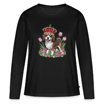 Chien lion mignon avec des fleurs et une couronne - T-shirt manches longues Premium bio Femme - noir - Devant - Julia (174cm)