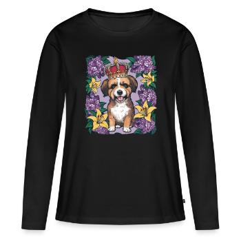 Chien lion mignon avec des fleurs et une couronne - T-shirt manches longues Premium bio Femme - noir - Devant - Julia (174cm)
