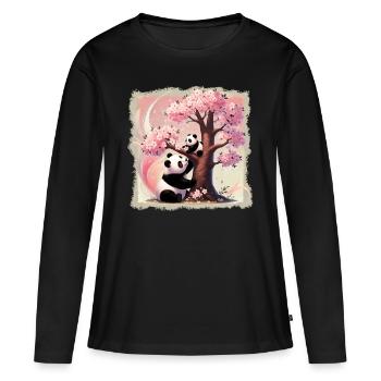 Mama und Baby-Pandas am Kirschbaum - Frauen Premium Bio Langarmshirt - Schwarz - Vorne - Julia (174cm)