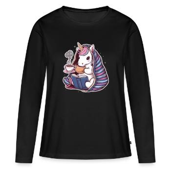 Kawaii Einhorn mit Buch, decke und Teetasse - Frauen Premium Bio Langarmshirt - Schwarz - Vorne - Julia (174cm)