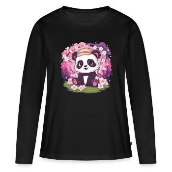Kawaii Panda mit Kirschblüten - Frauen Premium Bio Langarmshirt - Schwarz - Vorne - Julia (174cm)