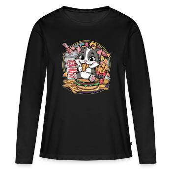 Le chat kawaii adore la restauration rapide - T-shirt manches longues Premium bio Femme - noir - Devant - Julia (174cm)
