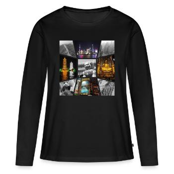 Chine Asie Collage Horizon Ville Métropole Art - T-shirt manches longues Premium bio Femme - noir - Devant - Julia (174cm)