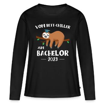 Vom Bettchiller zum Bachelor Faultier 2023 - Frauen Premium Bio Langarmshirt - Schwarz - Vorne - Julia (174cm)