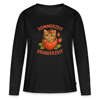 Niedliches Erdbeer Kätzchen T-Shirt für Katzenfans - Frauen Premium Bio Langarmshirt - Schwarz - Vorne - Julia (174cm)