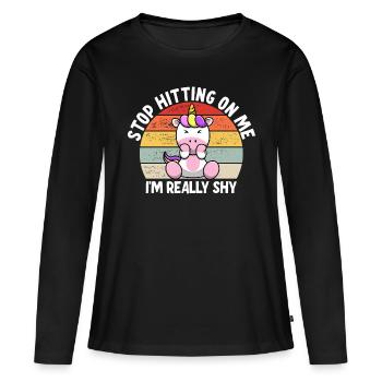 Arrêtez de me draguer, je suis timide - T-shirt manches longues Premium bio Femme - noir - Devant - Julia (174cm)
