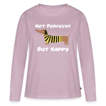 Drôle de teckel avec l’écriture " Not Perfect, but Hap - T-shirt manches longues Premium bio Femme - rose poudré - Devant - Julia (174cm)