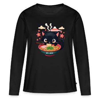 Chat japonais mignon mangeant de la soupe de nouilles ramen - T-shirt manches longues Premium bio Femme - noir - Devant - Julia (174cm)