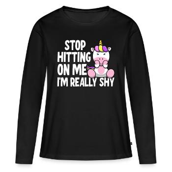 Arrêtez de me draguer, je suis timide - T-shirt manches longues Premium bio Femme - noir - Devant - Julia (174cm)