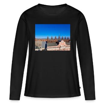 Rostocker Skyline und Altstadt hinter dem Rathaus - Frauen Premium Bio Langarmshirt - Schwarz - Vorne - Julia (174cm)
