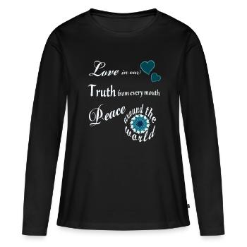 Amour, Vérité, Paix - Mantra - T-shirt manches longues Premium bio Femme - noir - Devant - Julia (174cm)