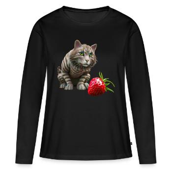 Katze vor riesiger Erdbeere - Frauen Premium Bio Langarmshirt - Schwarz - Vorne - Julia (174cm)