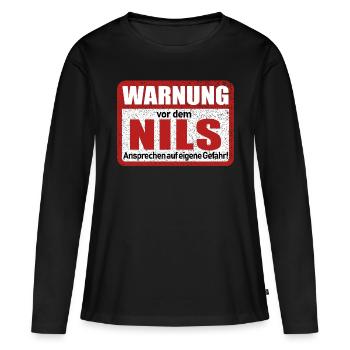 Nils Name Lustiges Warnschild - Frauen Premium Bio Langarmshirt - Schwarz - Vorne - Julia (174cm)