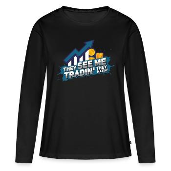 Ils me voient trader Ils détestent les traders - T-shirt manches longues Premium bio Femme - noir - Devant - Julia (174cm)