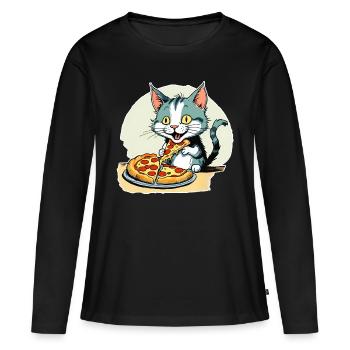 Le chat adore la pizza - T-shirt manches longues Premium bio Femme - noir - Devant - Julia (174cm)