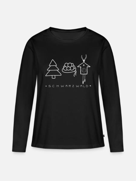 Schwarzwald mit Tannenbaum, Bollenhut und Uhr grau - Frauen Premium Bio Langarmshirt - Schwarz