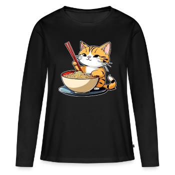Niedliche Katze mit Ramen Nudeln - Frauen Premium Bio Langarmshirt - Schwarz - Vorne - Julia (174cm)