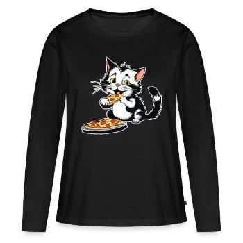 Le chat adore la pizza - T-shirt manches longues Premium bio Femme - noir - Devant - Julia (174cm)