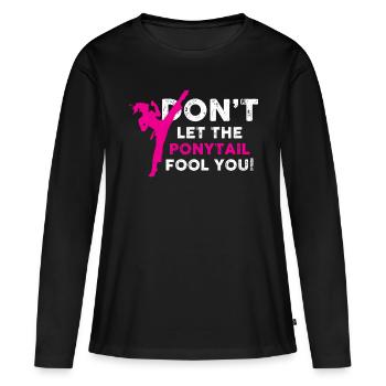 ne vous laissez pas tromper par la queue de cheval Concevez pour un kung - T-shirt manches longues Premium bio Femme - noir - Devant - Julia (174cm)