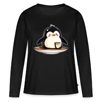 Niedlicher Pinguin mit Kaffee III - Frauen Premium Bio Langarmshirt - Schwarz - Vorne - Julia (174cm)