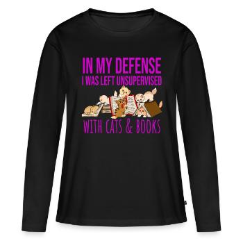 In My Defense Cats And Books Katzen Bücher Lesen - Frauen Premium Bio Langarmshirt - Schwarz - Vorne - Julia (174cm)