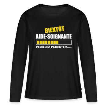 Bientôt aide-soignante / future aide-soignante - T-shirt manches longues Premium bio Femme - noir - Devant - Julia (174cm)