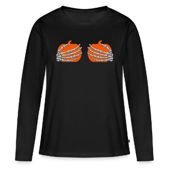 Halloween Skelett Hände auf Brust Humor - Frauen Premium Bio Langarmshirt - Schwarz - Vorne - Julia (174cm)