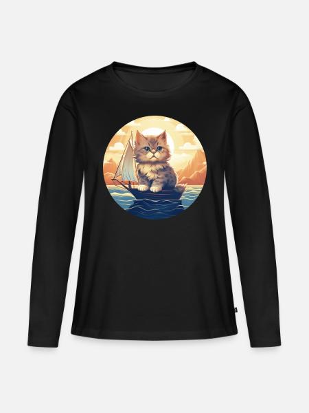 Katze Segelt im Sonnenuntergang, Romantisches - Frauen Premium Bio Langarmshirt - Schwarz
